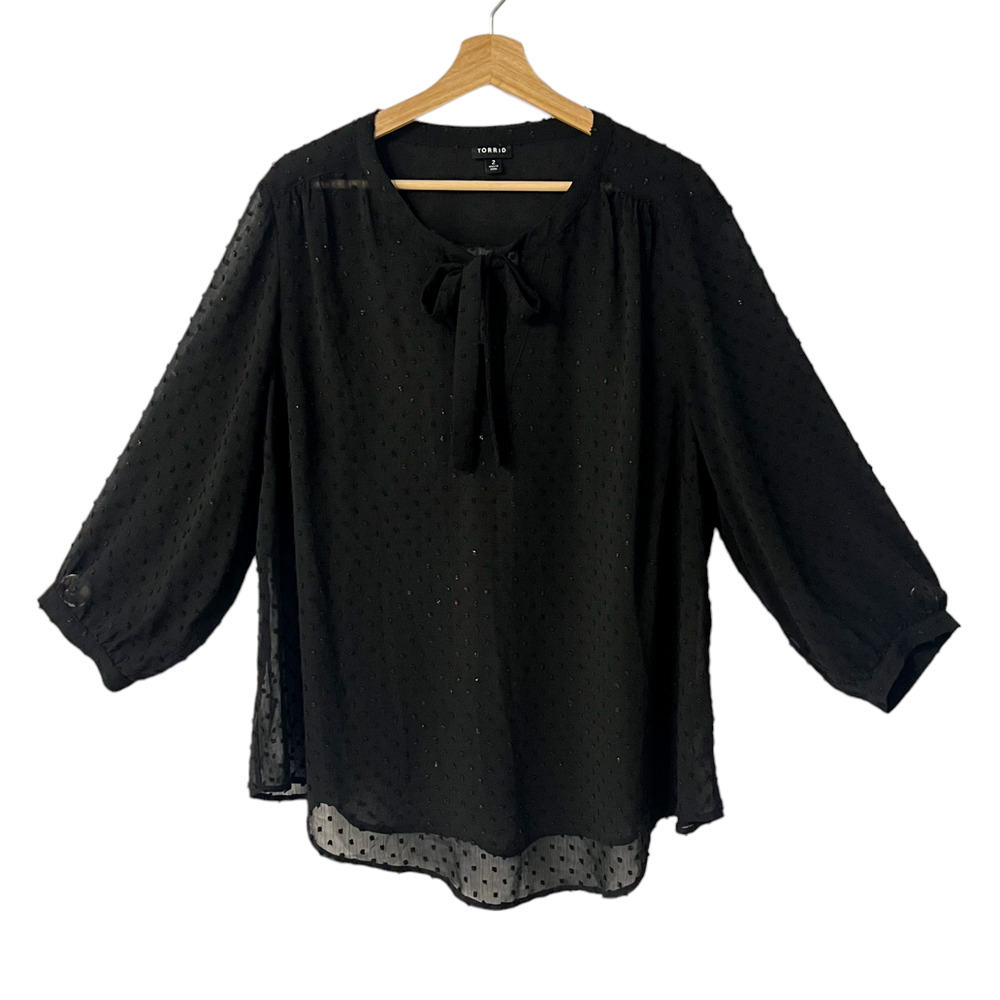 Torrid Swiss Dot Top Size 2X Black Metallic Tie V Neck Sheer Long Sleeve Shirt